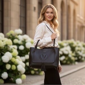Valentino by Mario Valentino Black Pebbled Leather Tote
